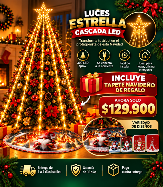 BrillaNavidad – Luces Estrella Cascada + ¡Tapete Navideño GRATIS! 🎁