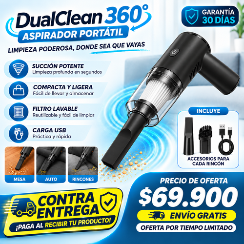 DualClean 360° — Aspiradora Portátil 3 en 1