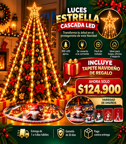 BrillaNavidad – Luces Estrella Cascada + ¡Tapete Navideño GRATIS! 🎁
